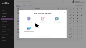 Educator account in Xello. The modal to add custom tasks is open and the cursor is selecting Custom lesson.